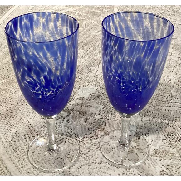 Set of 2 Degas Art Glass Wine - Water Glasses by Block Blue Swirled Blown - Picture 4 of 10